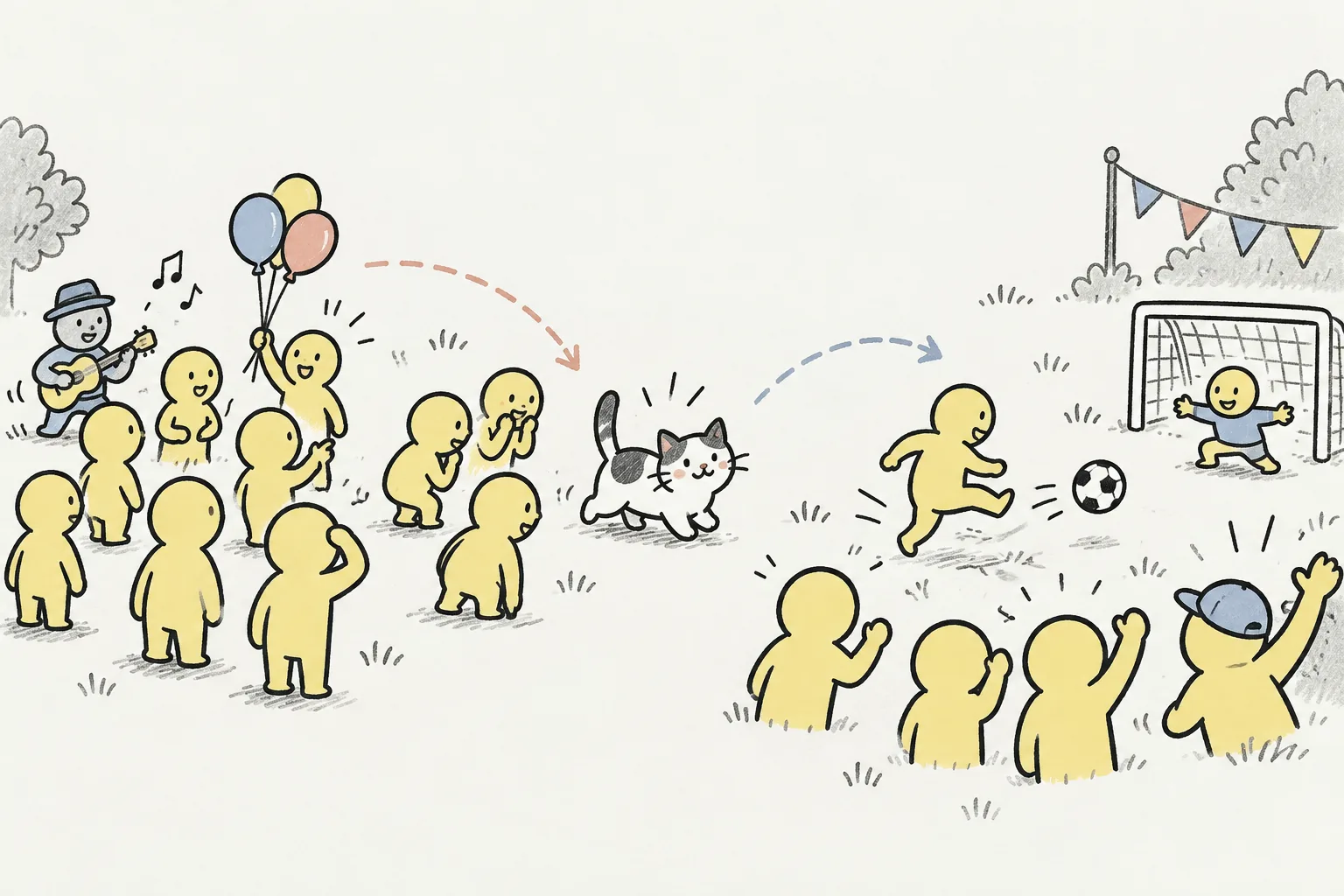 猫とサッカーボールに注意を向ける小さな人々